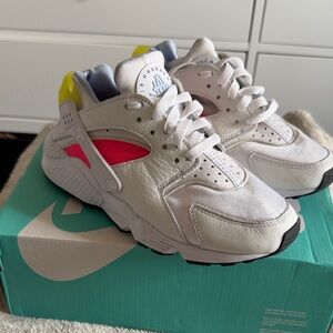 Nike Air Huarache White with Pink and Yellow Accents